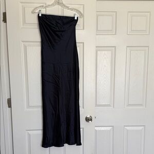 Quince Navy Silk Strapless Midi Dress XS